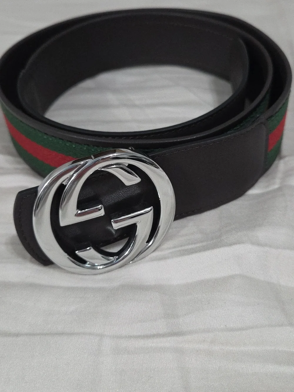 Gucci Green Red Reversible Belt with Silver Double G Buckle